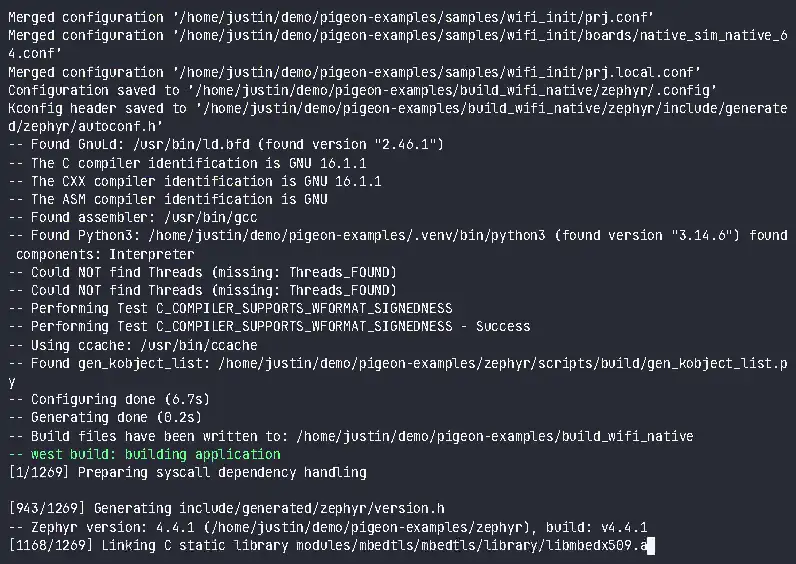 Terminal recording still: building and running the wifi_init sample for Zephyr's native_sim target from pigeon-examples.